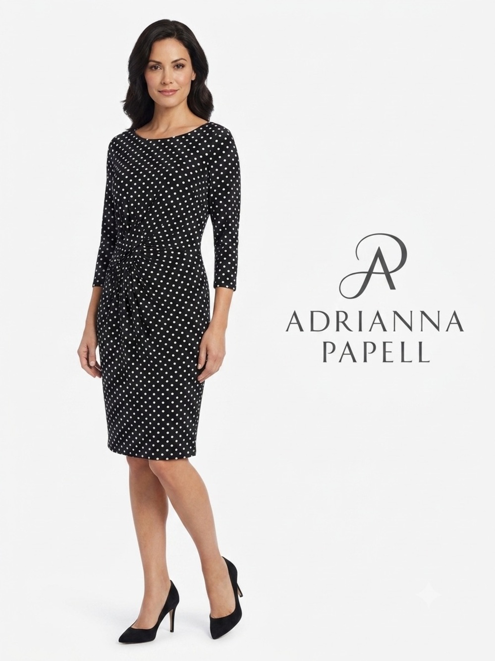 Adrianna Papell Dress Women's Sz 8 Polka Dot Front Side Ruching Back Zip Lined